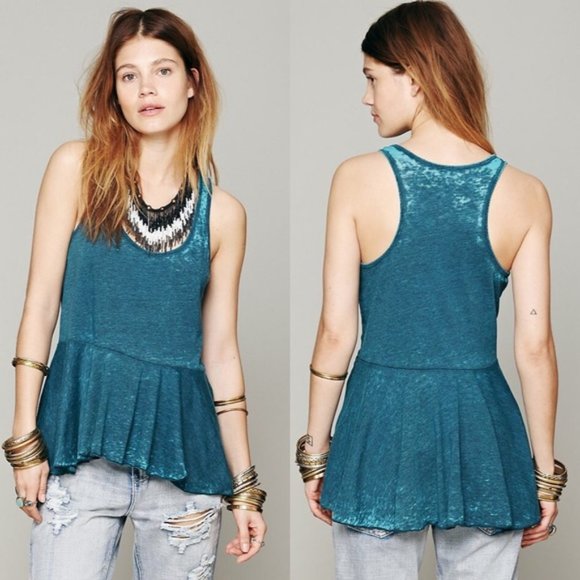 NEW Free People Irma Turquoise Blue Burnout Peplum Hem Tank Top Size Small - Picture 1 of 12